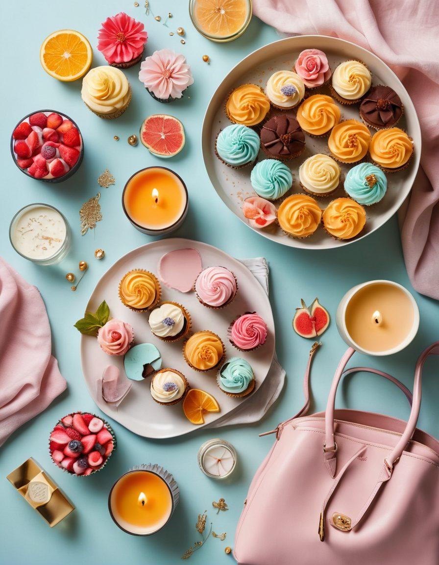 A stylish flat lay featuring an assortment of delicious desserts like cupcakes and pastries, surrounded by chic fashion pieces such as a trendy handbag and accessories. Integrate elements of self-care, like scented candles and skincare products, to create an inviting atmosphere. Use bright and uplifting colors with a soft pastel palette. The overall composition should feel balanced and harmonious, evoking a sense of luxury and enjoyment. vibrant colors. aesthetically pleasing. flat lay style.