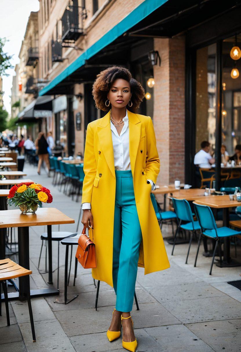 A stylish model showcasing a mix of contemporary and classic fashion pieces, set against a vibrant urban backdrop. Incorporate elements representing various occasions like a casual brunch, a formal event, and an outdoor party. The model's accessories and details should reflect the latest trends with bold colors and textures that pop. Include hints of nature like blooming flowers to depict the change of seasons. elegant fashion photography. vibrant colors. detailed textures.